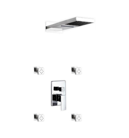 Aqua DUO Brass Shower Set with Square Rain Shower and Waterfall and 4 Body Jets