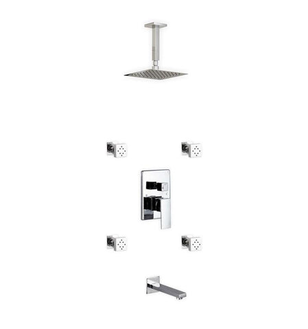 Aqua Piazza Brass Shower Set with 8" Ceiling Mount Square Rain Shower, Tub Filler and 4 Body Jets