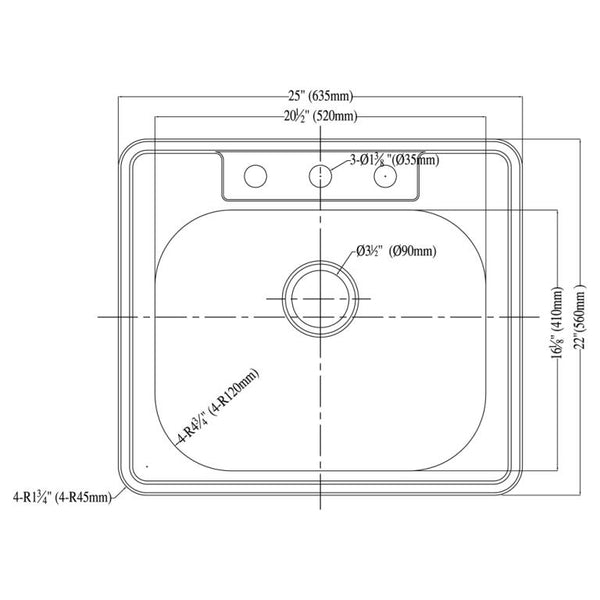 Dawn? Top Mount Single Bowl Sink with Three Pre-cut Faucet Holes