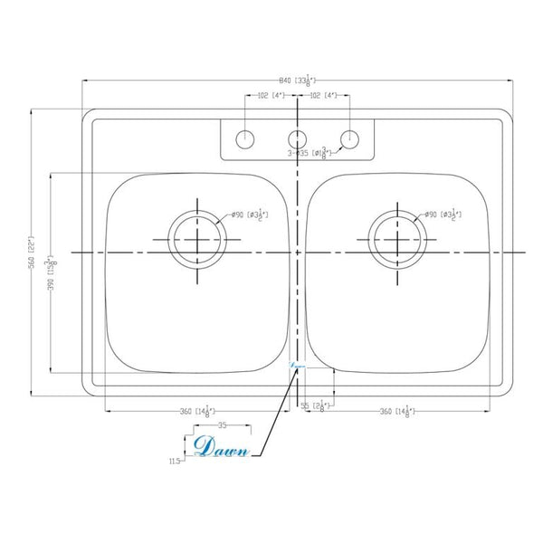 Dawn? Top Mount Equal Double Bowl Sink With Three Pre-cut Faucet Holes