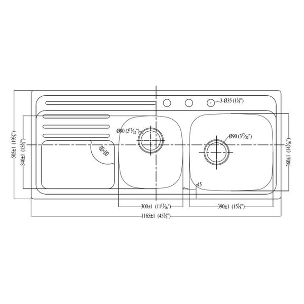 Dawn? Top Mount Double Bowl Sink with Integral Drain Board and Three Pre-cut Faucet Holes (Large Bowl on Right)