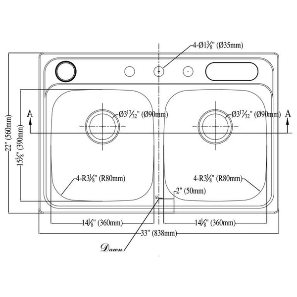 Dawn? Top Mount Equal Double Bowl Sink (Included Accessories: Dawn? Knife Shelf KS322 and Dawn? Utensil Holder UH322)