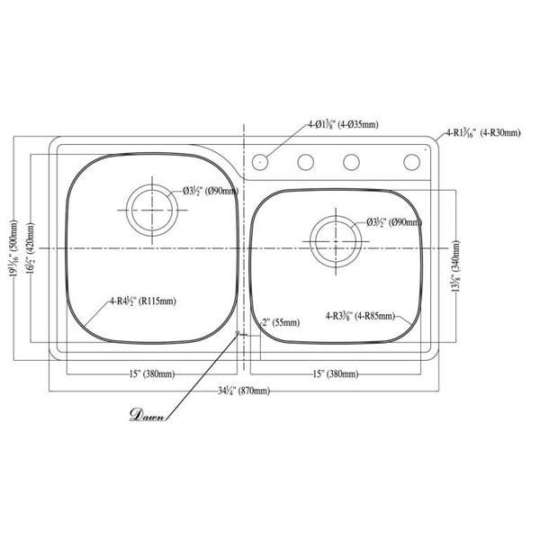 Dawn? Top Mount Double Bowl Sink with Three Pre-cut Faucet Holes