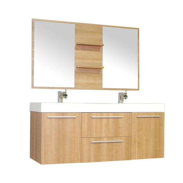 Ripley 54" Double Wall Mount Modern Bathroom Vanity Set in Light Oak with Mirror