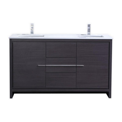 KubeBath Dolce 60? Double Sink Gray Oak Modern Bathroom Vanity with White Quartz Counter-Top