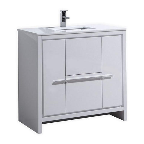 KubeBath Dolce 36? High Gloss White Modern Bathroom Vanity with White Quartz Counter-Top