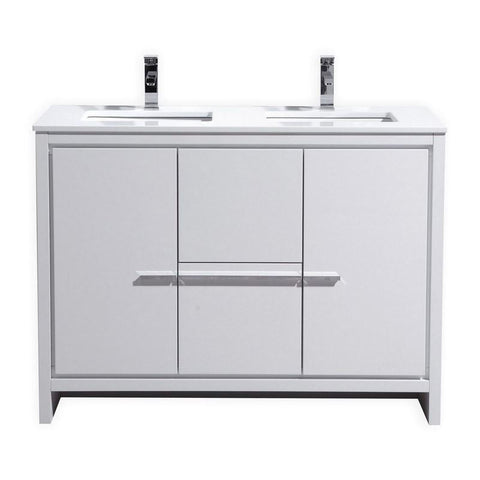 KubeBath Dolce 48? Double Sink High Gloss White Modern Bathroom Vanity with White Quartz Counter-Top