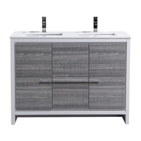 KubeBath Dolce 48? Double Sink Ash Gray Modern Bathroom Vanity with White Quartz Counter-Top