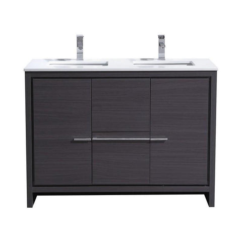 KubeBath Dolce 48? Double Sink Gray Oak Modern Bathroom Vanity with White Quartz Counter-Top