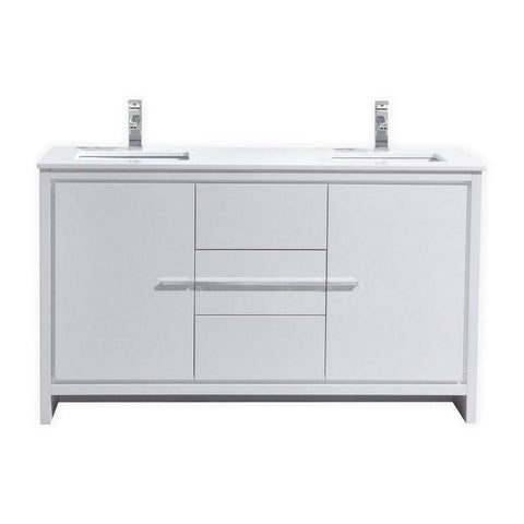 KubeBath Dolce 60? Double Sink High Gloss White Modern Bathroom Vanity with White Quartz Counter-Top