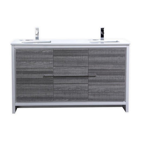 KubeBath Dolce 60? Double Sink Ash Gray Modern Bathroom Vanity with White Quartz Counter-Top