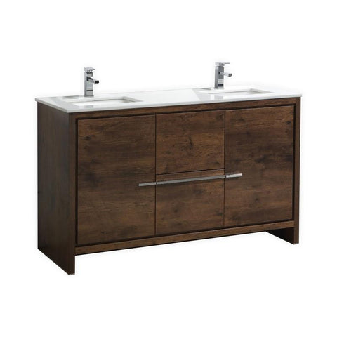 KubeBath Dolce 60? Double Sink Rose Wood Modern Bathroom Vanity with White Quartz Counter-Top
