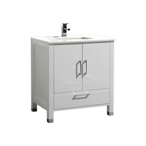 Anziano 30"  High Gloss White Vanity with White Quartz Counter-Top