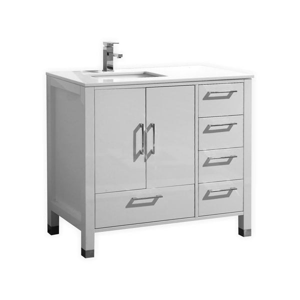 Anziano 36"  High Gloss White Vanity with White Quartz Counter-Top - Right Side Drawers