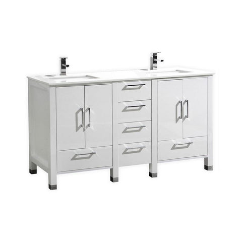 Anziano 60" High Gloss White Vanity Double Sink Vanity with White Quartz Counter-Top