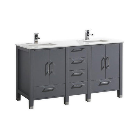Anziano 60" Matt Gray Vanity Double Sink Vanity with White Quartz Counter-Top