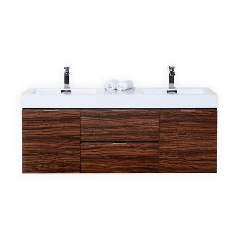 Bliss 60" Double  Sink Walnut Wall Mount Modern Bathroom Vanity