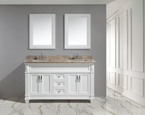 Hudson 61" Double Sink Vanity Set in White with Crema Marfil Marble Countertop