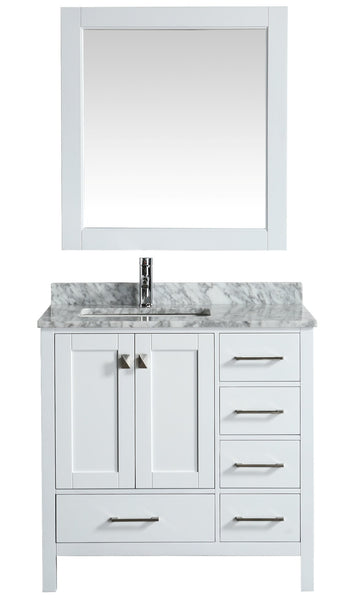 London 36"Van in White w/Marble C.Top in Carrera White w/ White Basin and Mirror