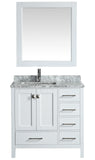 London 36"Van in White w/Marble C.Top in Carrera White w/ White Basin and Mirror