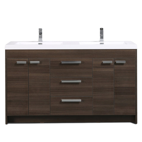 Eviva Lugano 60" Grey Oak Modern Bathroom Vanity with White Integrated Acrylic Double Sink 