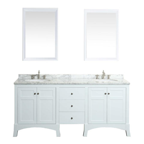 Eviva New York 72" White Bathroom Vanity, with White Marble Carrera Counter-top, & Sink