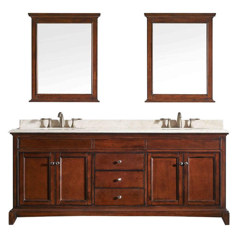 Eviva Elite Stamford? 72" Brown Solid Wood Bathroom Vanity Set with Double OG Crema Marfil Marble Top & White Undermount Porcelain Sinks