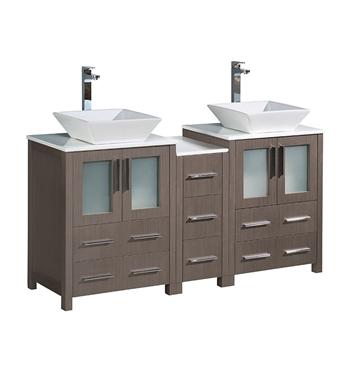 Fresca Torino 60" Gray Oak Modern Double Sink Bathroom Cabinets w/ Tops & Vessel Sinks