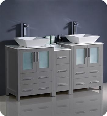 Fresca Torino 60" Gray Modern Double Sink Bathroom Cabinets w/ Tops & Vessel Sinks