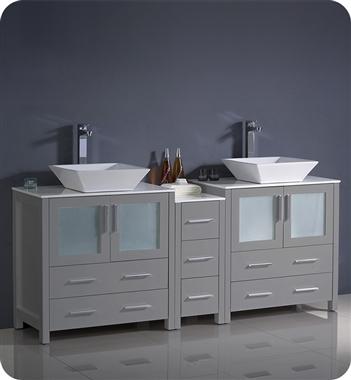 Fresca Torino 72" Gray Modern Double Sink Bathroom Cabinets w/ Tops & Vessel Sinks