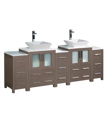 Fresca Torino 84" Gray Oak Modern Double Sink Bathroom Cabinets w/ Tops & Vessel Sinks
