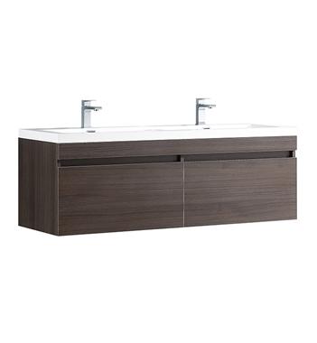 Fresca Largo 57" Gray Oak Modern Double Sink Bathroom Cabinet w/ Integrated Sinks