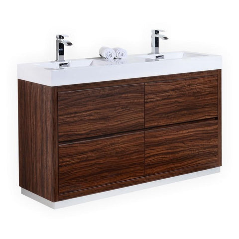 Bliss 60" Double  Sink Walnut Free Standing Modern Bathroom Vanity