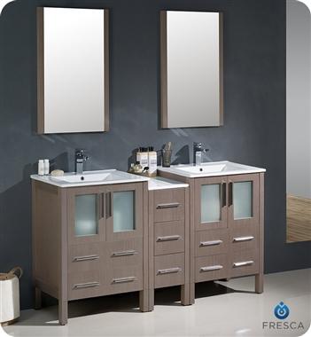 Fresca Torino 60" Gray Oak Modern Double Sink Bathroom Vanity w/ Side Cabinet & Integrated Sinks