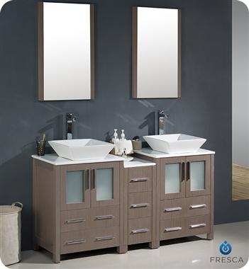 Fresca Torino 60" Gray Oak Modern Double Sink Bathroom Vanity w/ Side Cabinet & Vessel Sinks