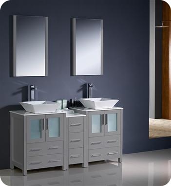 Fresca Torino 60" Gray Modern Double Sink Bathroom Vanity w/ Side Cabinet & Vessel Sinks