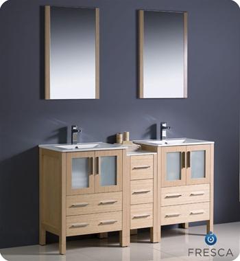 Fresca Torino 60" Light Oak Modern Double Sink Bathroom Vanity w/ Side Cabinet & Integrated Sinks