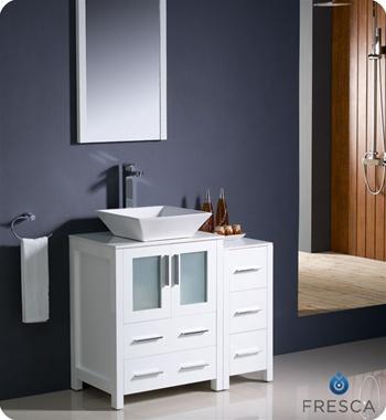 Fresca Torino 36" White Modern Bathroom Vanity w/ Side Cabinet & Vessel Sink