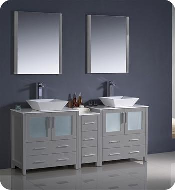 Fresca Torino 72" Gray Modern Double Sink Bathroom Vanity w/ Side Cabinet & Vessel Sinks