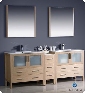 Fresca Torino 84" Light Oak Modern Double Sink Bathroom Vanity w/ Side Cabinet & Integrated Sinks