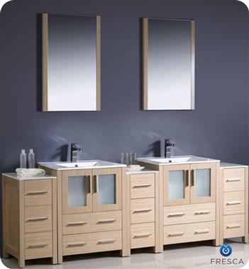 Fresca Torino 84" Light Oak Modern Double Sink Bathroom Vanity w/ 3 Side Cabinets & Integrated Sinks