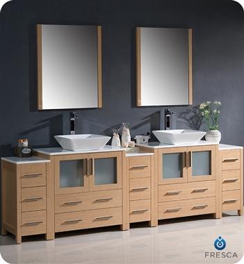 Fresca Torino 96" Light Oak Modern Double Sink Bathroom Vanity w/ 3 Side Cabinets & Vessel Sinks