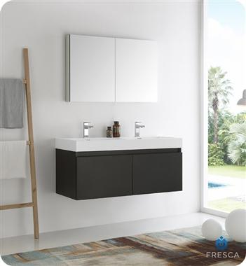 Fresca Mezzo 48" Black Wall Hung Double Sink Modern Bathroom Vanity w/ Medicine Cabinet