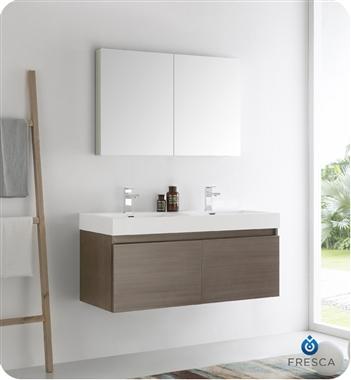 Fresca Mezzo 48" Gray Oak Wall Hung Double Sink Modern Bathroom Vanity w/ Medicine Cabinet