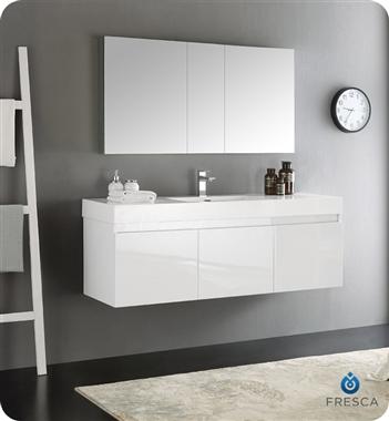 Fresca Mezzo 60" White Wall Hung Single Sink Modern Bathroom Vanity w/ Medicine Cabinet