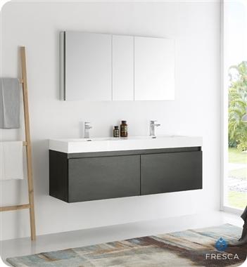 Fresca Mezzo 60" Black Wall Hung Double Sink Modern Bathroom Vanity w/ Medicine Cabinet