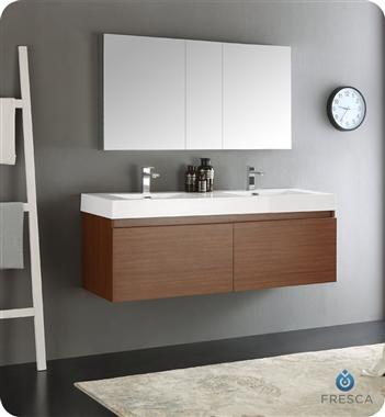 Fresca Mezzo 60" Teak Wall Hung Double Sink Modern Bathroom Vanity w/ Medicine Cabinet