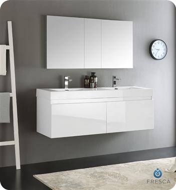 Fresca Mezzo 60" White Wall Hung Double Sink Modern Bathroom Vanity w/ Medicine Cabinet