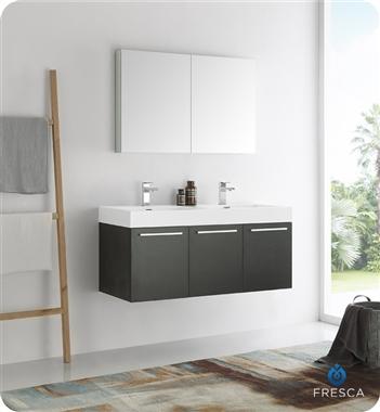 Fresca Vista 48" Black Wall Hung Double Sink Modern Bathroom Vanity w/ Medicine Cabinet
