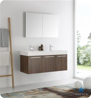 Fresca Vista 48" Walnut Wall Hung Double Sink Modern Bathroom Vanity w/ Medicine Cabinet